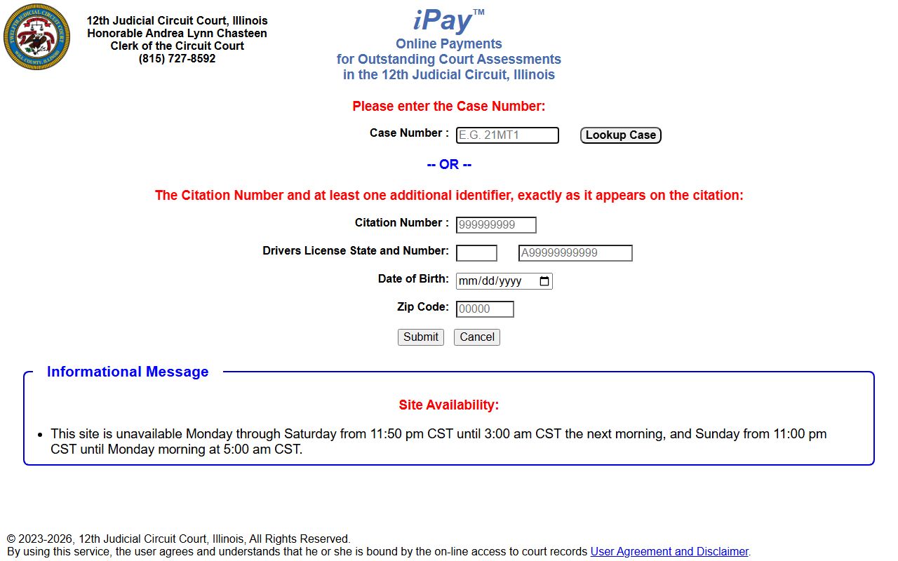 iPay portal for paying balances ordered by a Will County judge