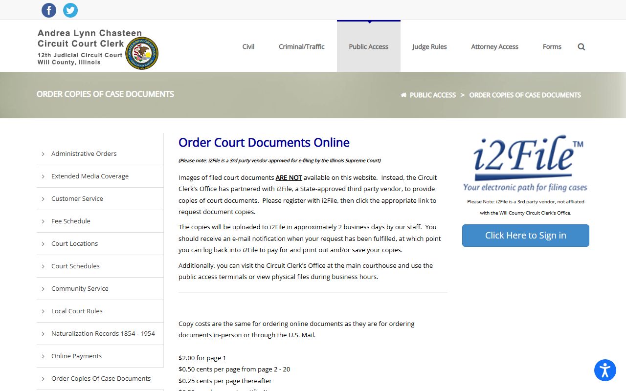 Will County Circuit Clerk i2File document copy ordering page