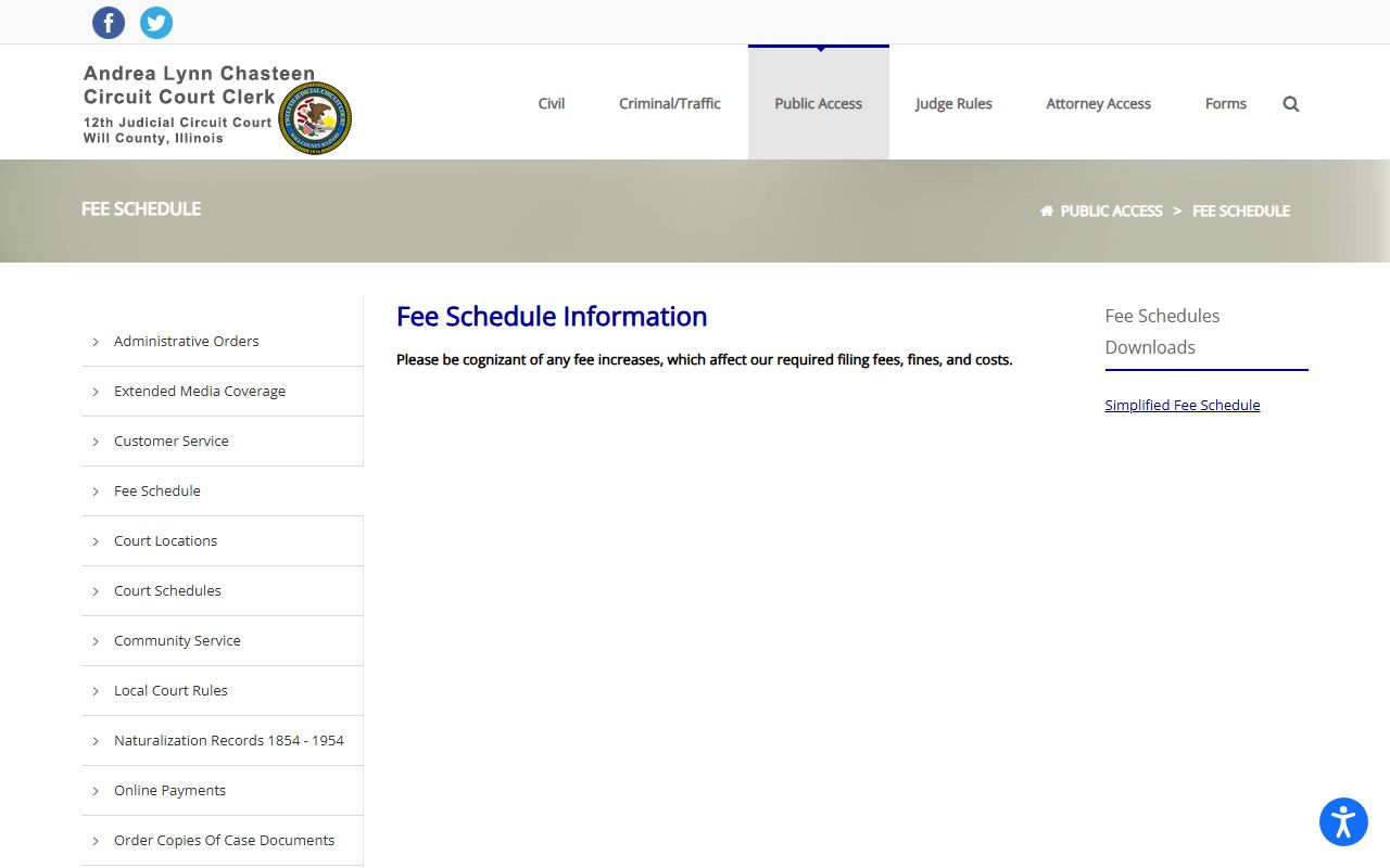 Will County Circuit Clerk court dockets fee schedule landing page