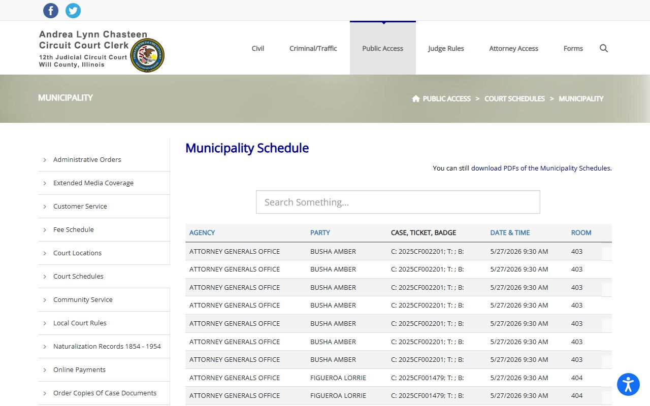 Will County municipality court schedule page for local agency court dockets