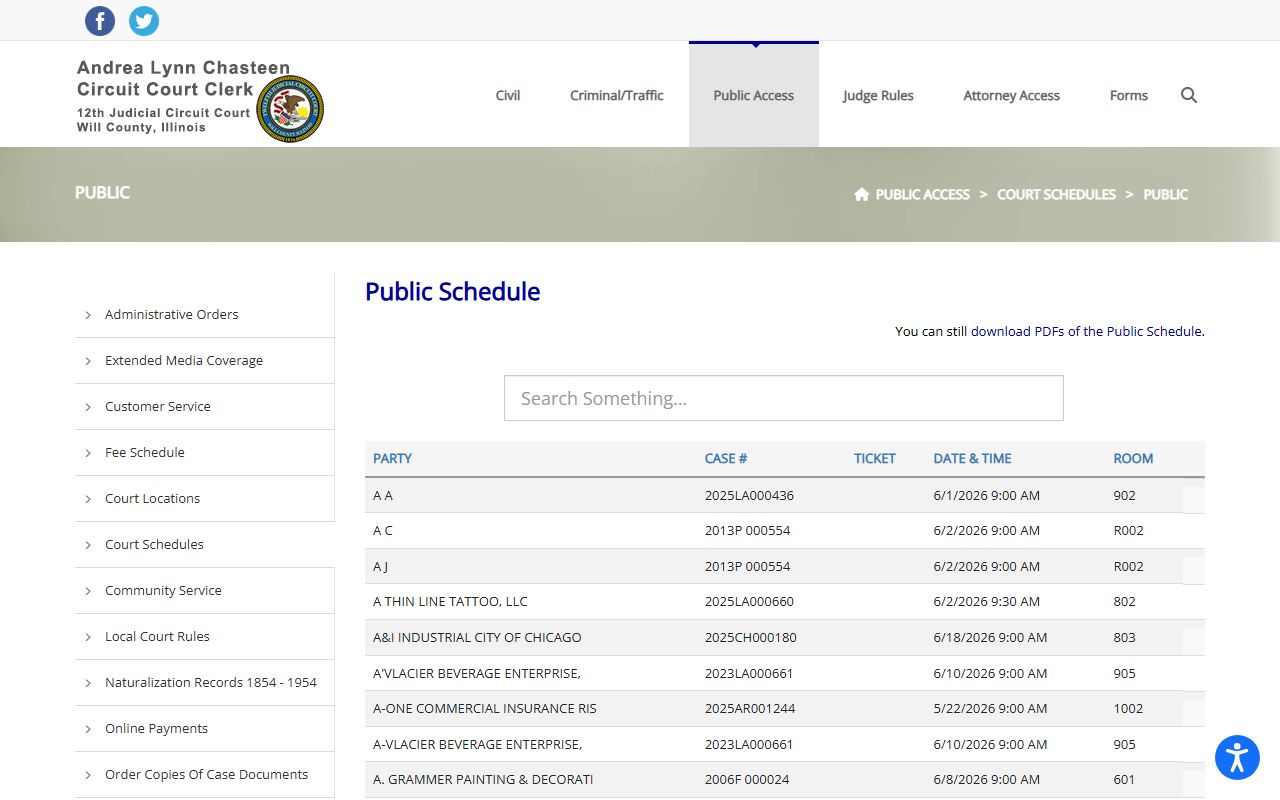 Will County public court schedule page with court dockets and case lookup links