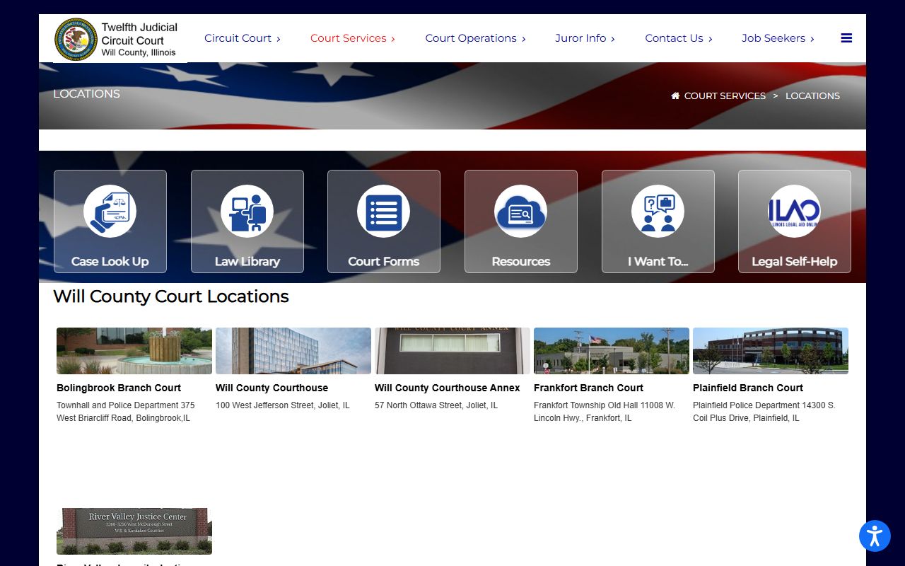 Will County court locations page listing courthouse and branch addresses for court records access