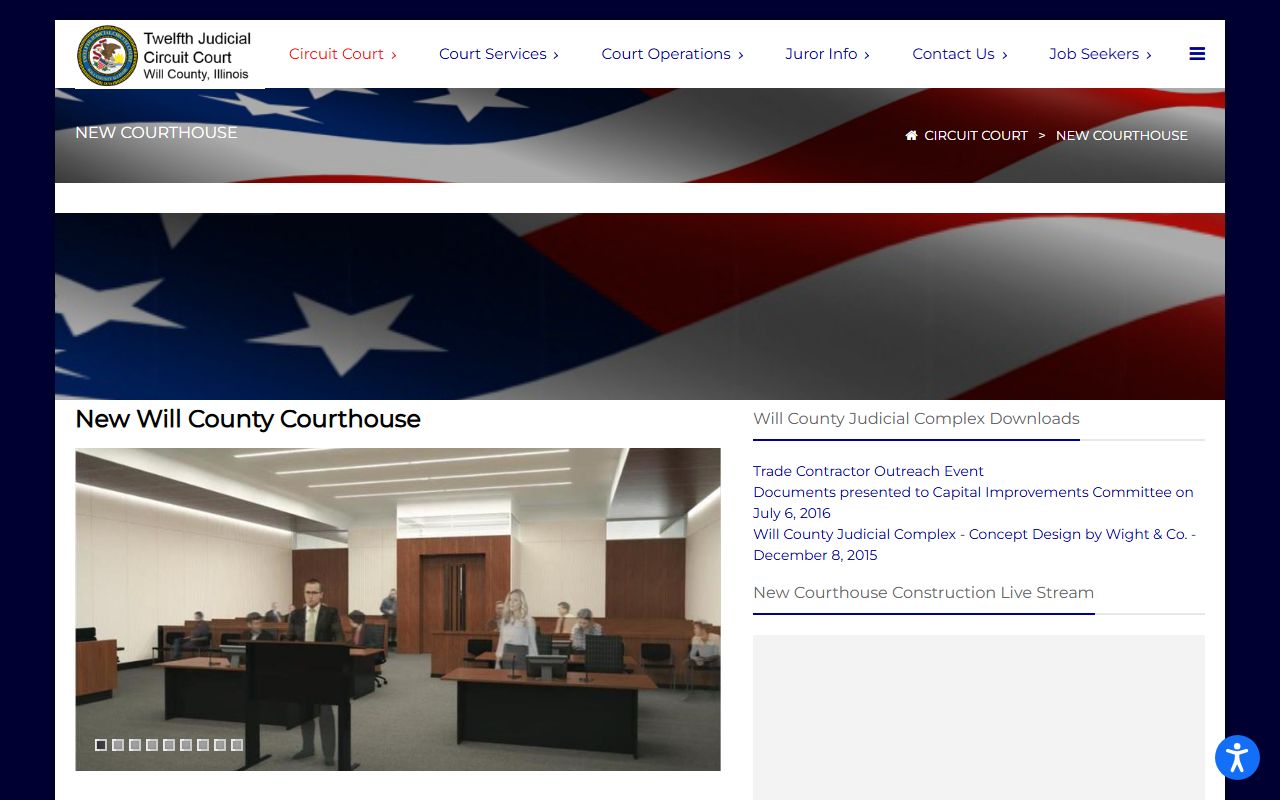 Will County new courthouse background page covering court records facility design