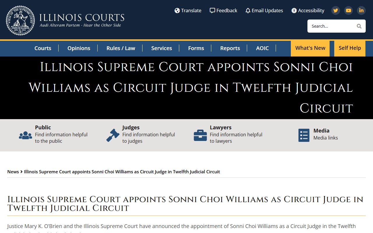 Illinois Supreme Court 2025 appointment of Sonni Choi Williams to 12th Judicial Circuit court records bench