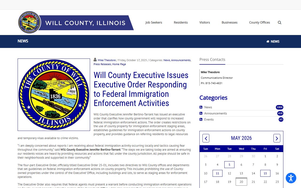 Will County executive order on immigration enforcement and court records coordination
