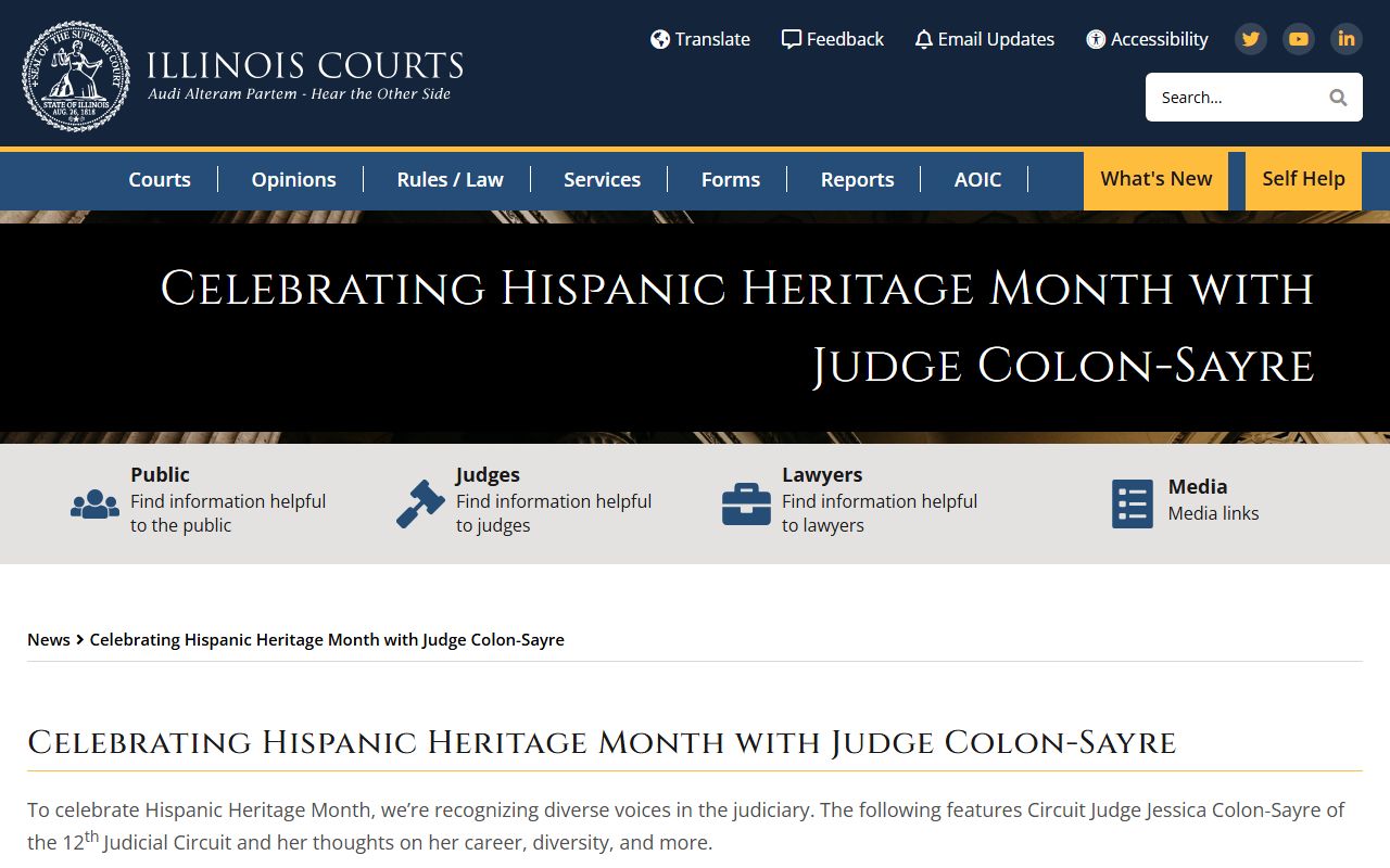 Illinois Courts feature on Judge Colon-Sayre of 12th Judicial Circuit court records bench