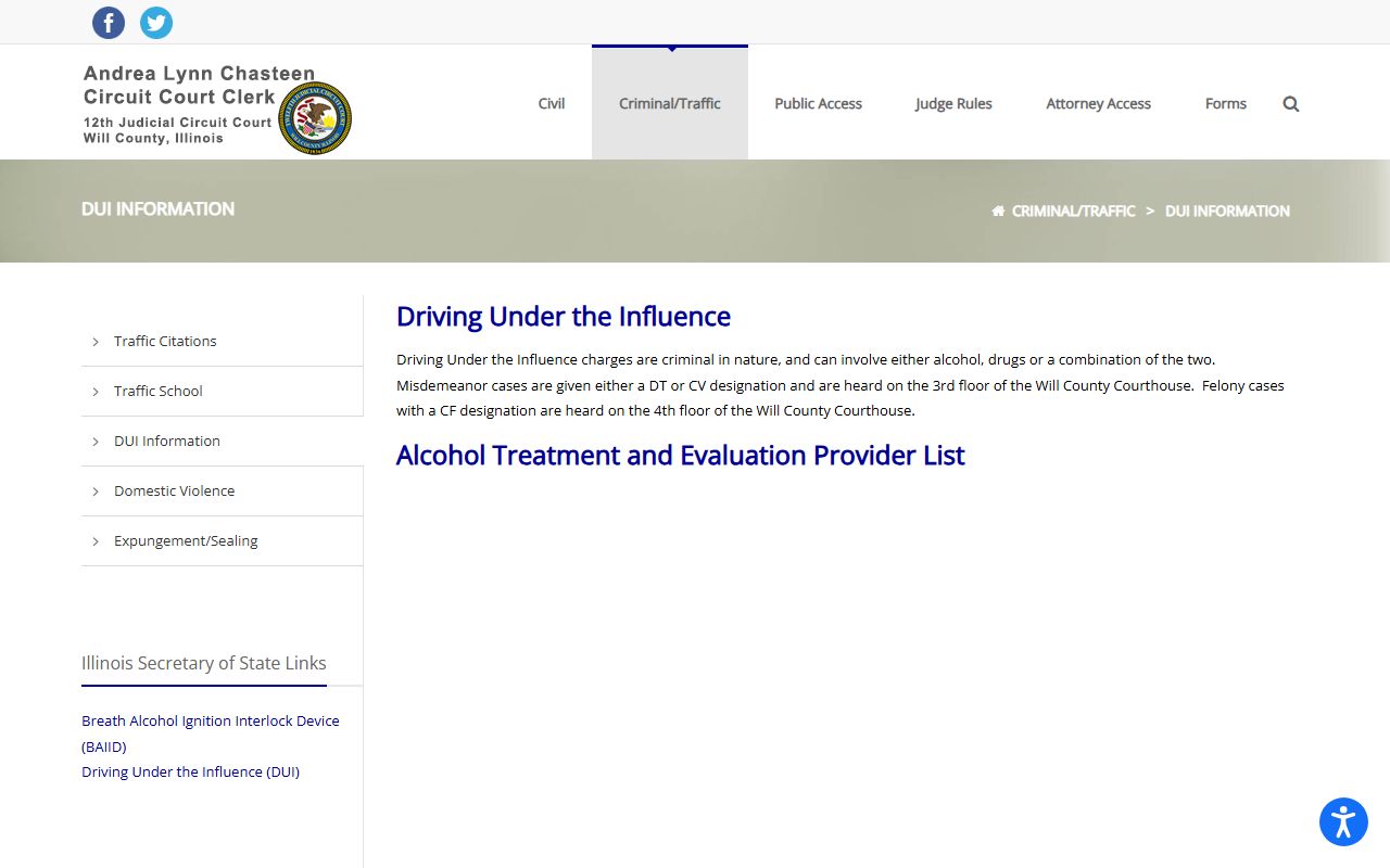 Will County criminal records DUI Information page