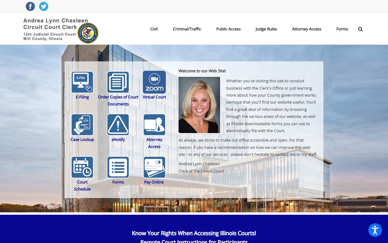 Will County Circuit Clerk official site with case lookup links