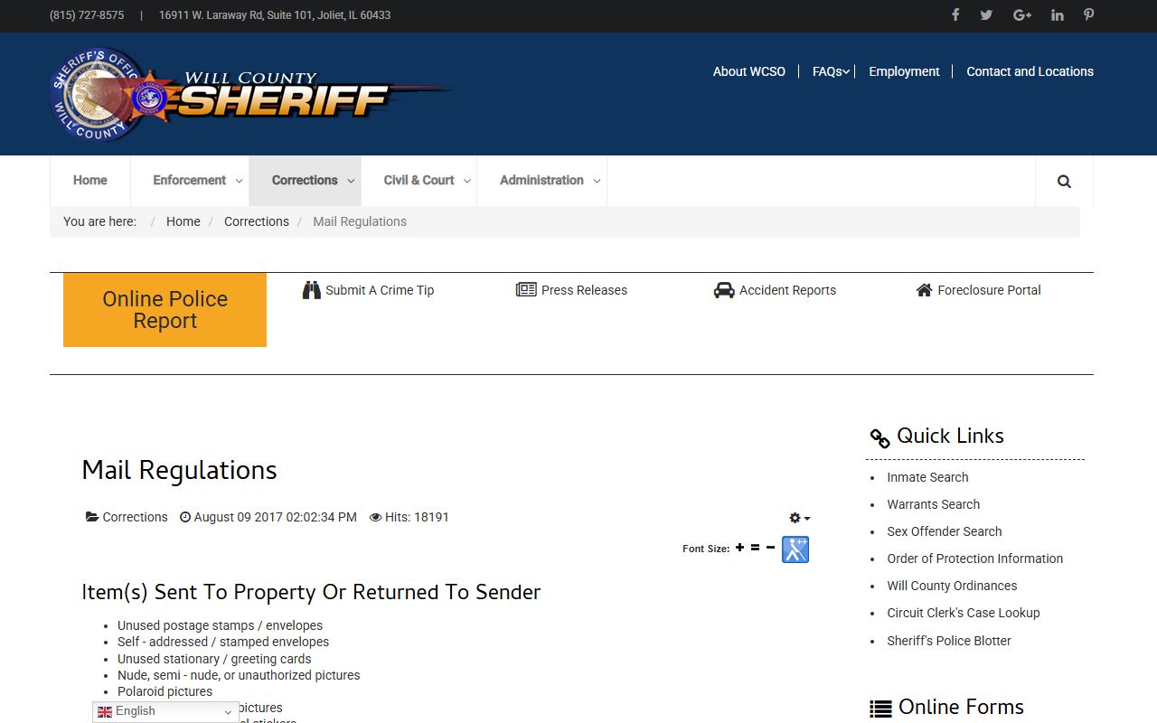Will County jail mail regulations page