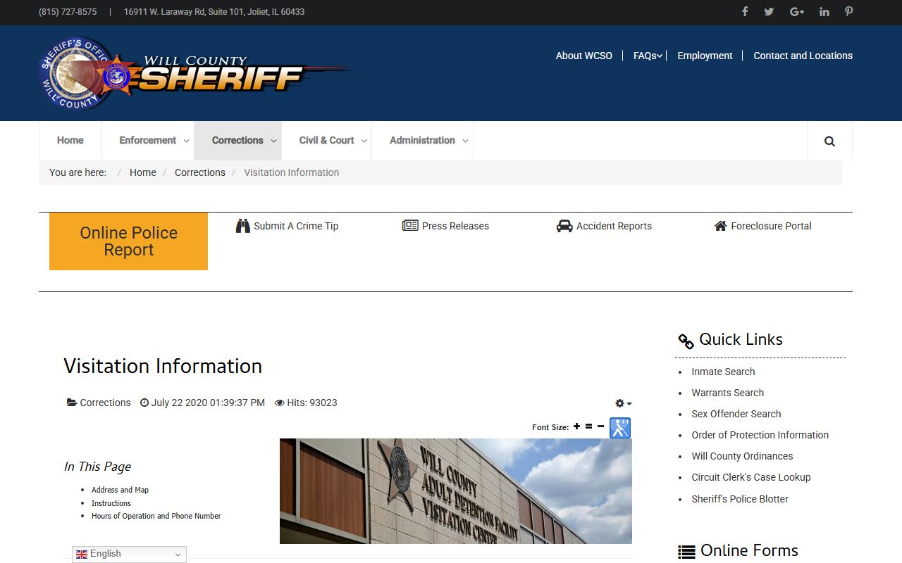 Will County jail visitation information page