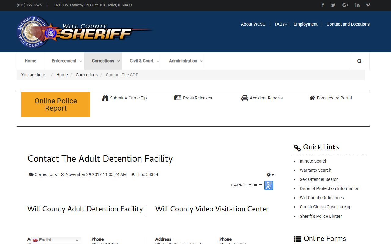 Will County Adult Detention Facility contact page