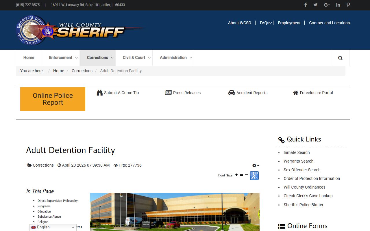 Will County Sheriff Adult Detention Facility information page