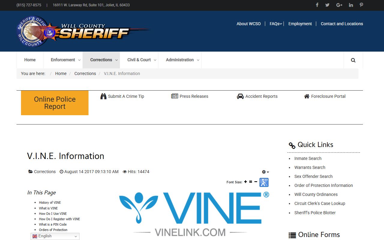 Will County Sheriff VINE victim notification information