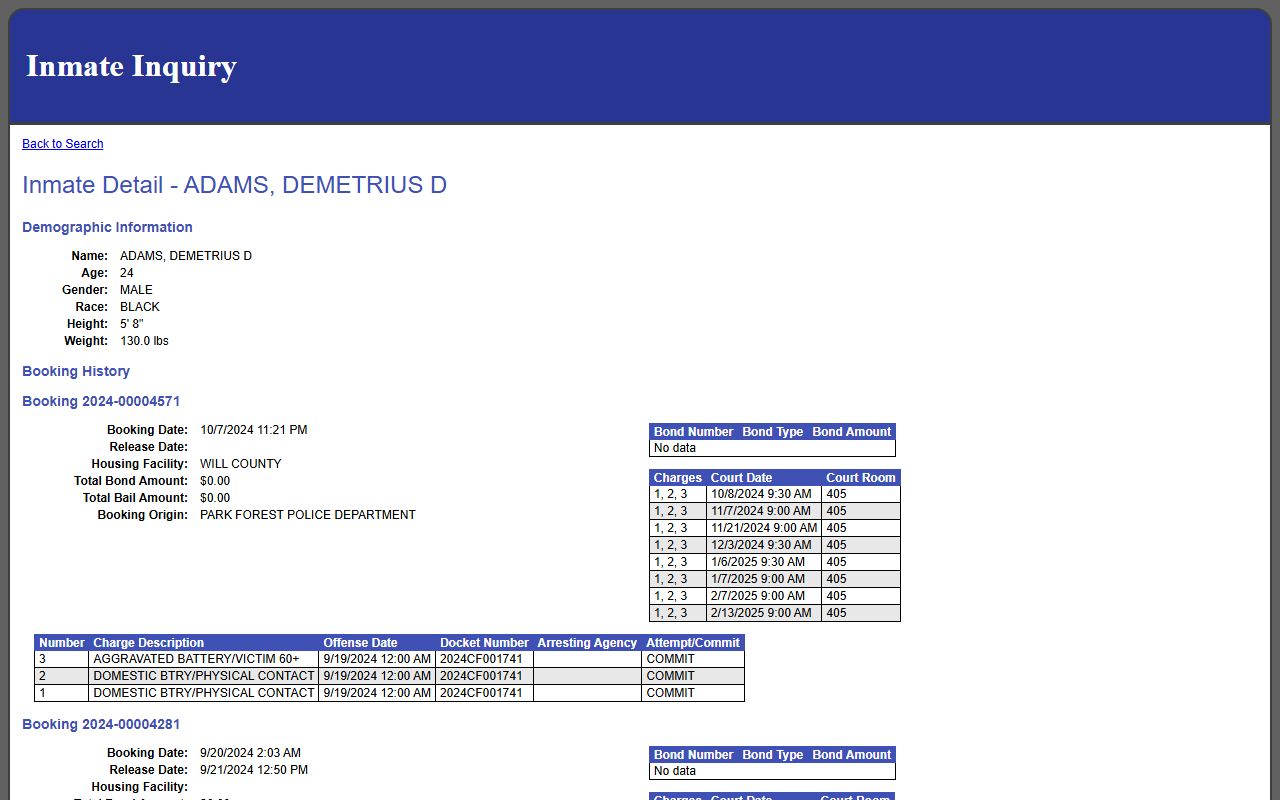 Sample Will County inmate detail page with booking history and charges