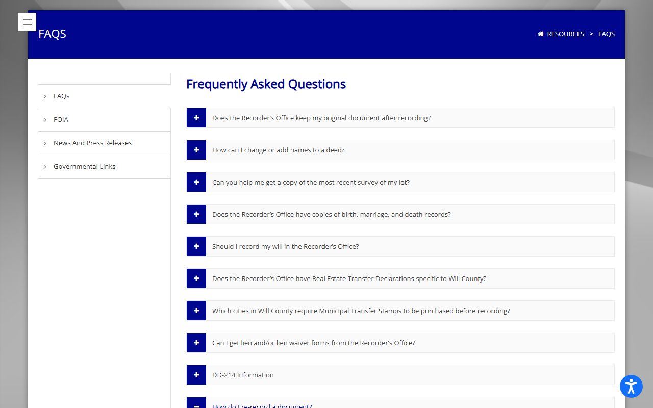 Will County Recorder FAQ confirming vital records sit with the County Clerk for Will County marriage records