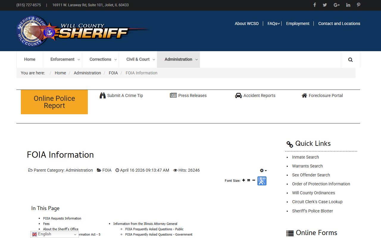 Will County Sheriff FOIA information page screenshot