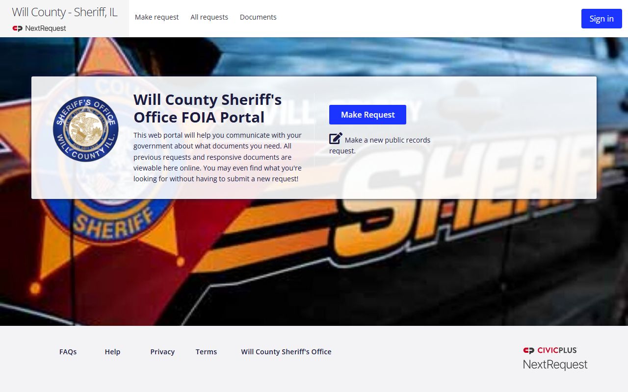 Will County Sheriff NextRequest FOIA portal screenshot