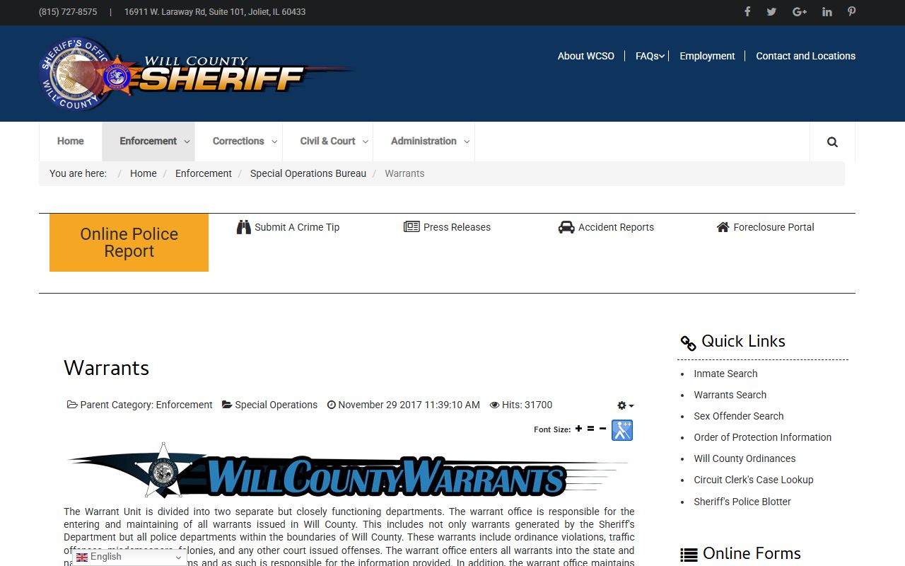 Will County Sheriff Special Operations Bureau warrants information
